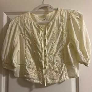 Tularosa Pale Yellow Embroidered Cotton Peasant Top